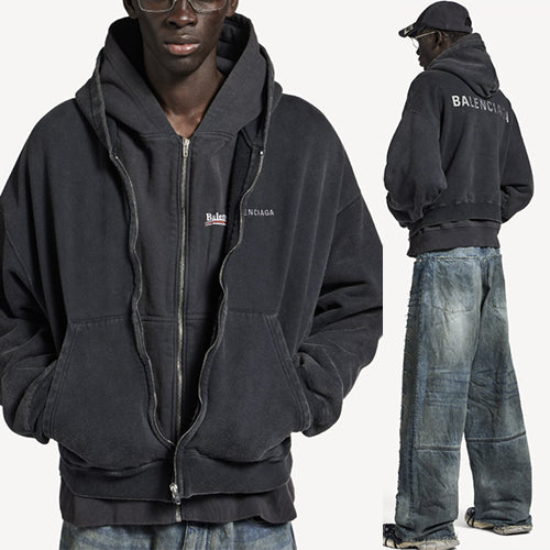 발렌시아가 레이어드 집업 후디 페이디드 블랙