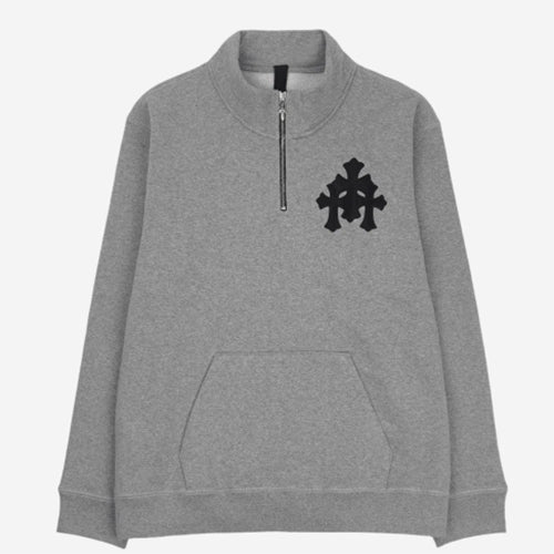 크롬하츠 크로스 레더 패치 하프 집 풀오버 스웨트셔츠 그레이