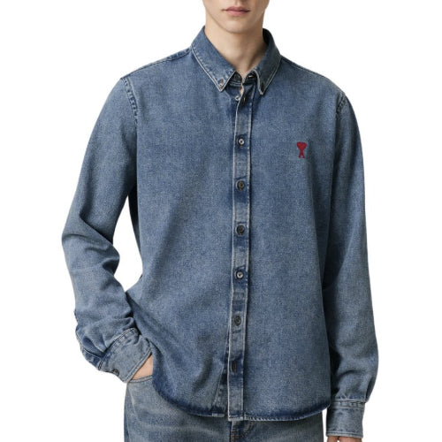 아미 스몰 하트 로고 버튼 다운 셔츠 유즈드 블루