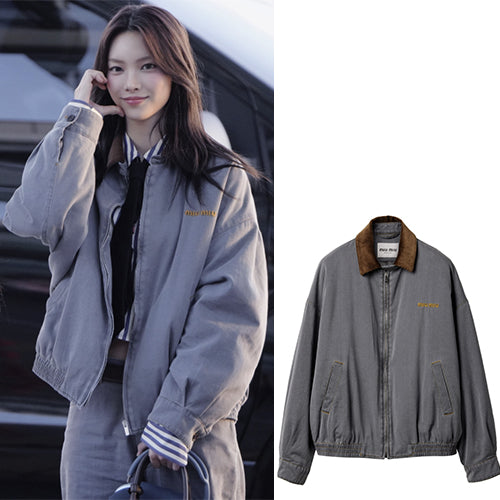 미우미우 벨벳 칼라 샴브레이 자켓 그레이 (윤아,지다 착용)