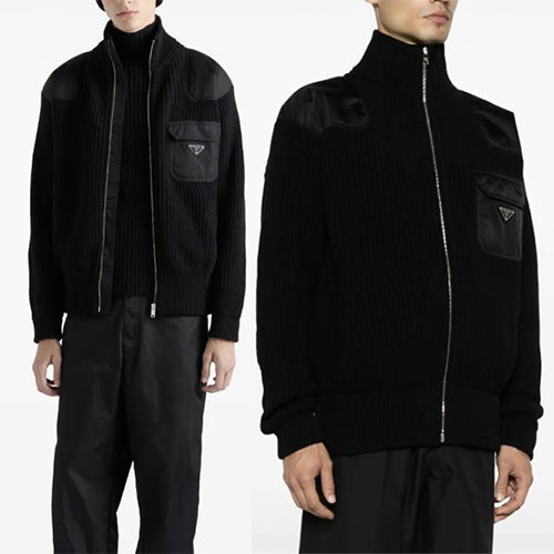 프라다 집업 골지 니트 가디건 블랙