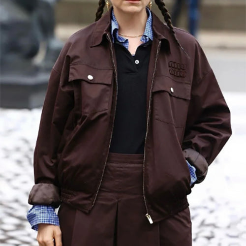 미우 미우 워시드 개버딘 블루종 자켓 브라운