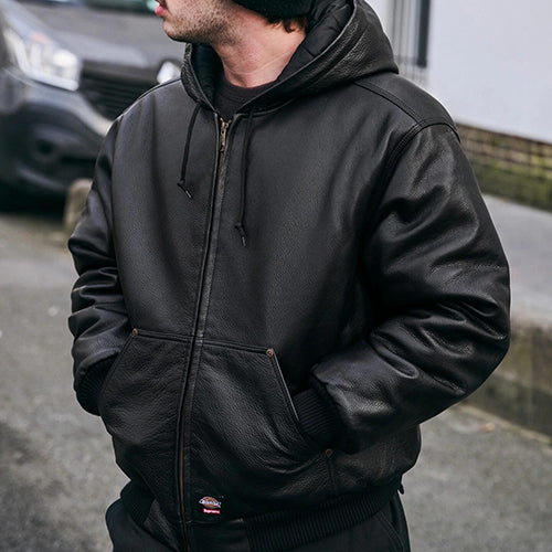 슈프림 x 디키즈 후드 레더 워크 자켓 블랙